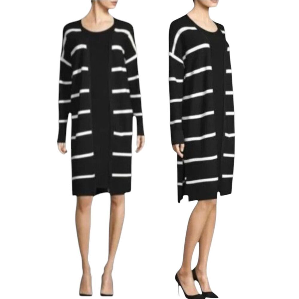 Lafayette 148 Black White Striped Duster Cardigan Ribbed Knit Size XL EUC